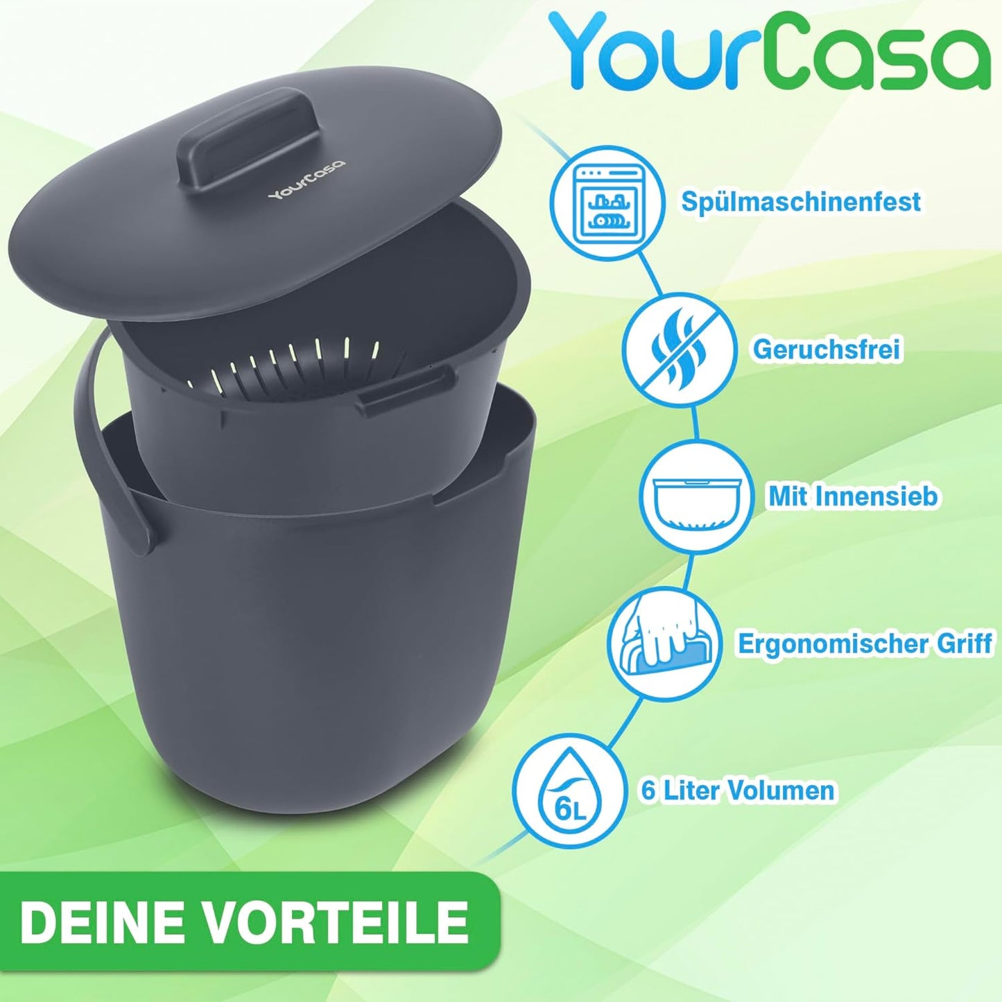 Geruchsdichter Biomülleimer mit Sieb & Griff, 6 Liter Anthrazit
