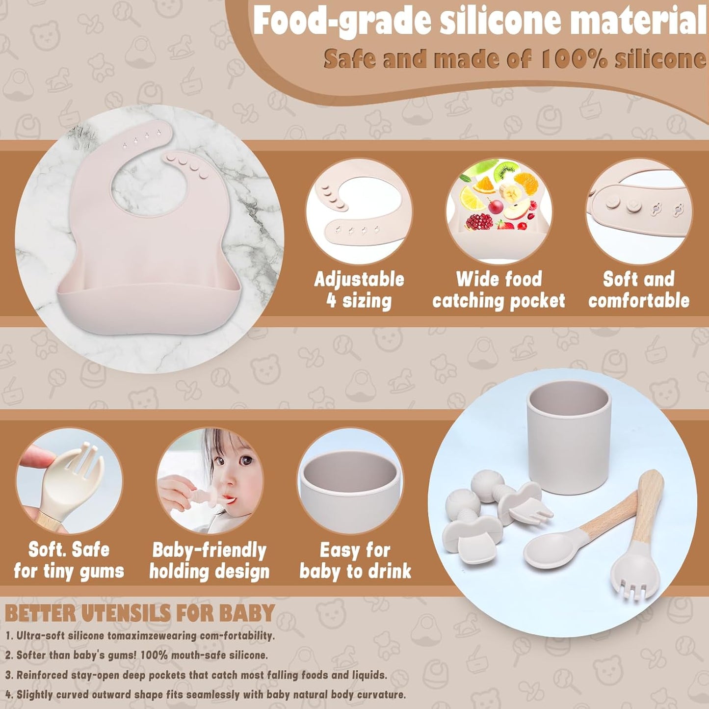 Silikon Baby Geschirrset mit Saugnapf (11-teilig), Beige