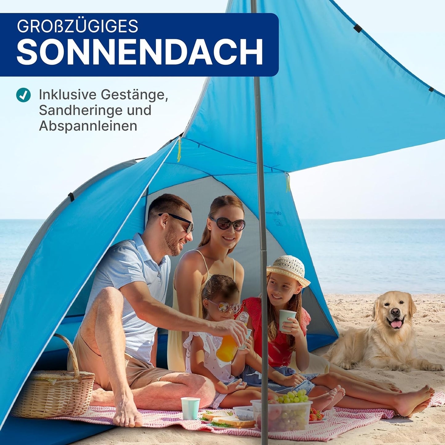 Strandmuschel mit Sonnendach, UV Schutz 80+ (270x120x120cm), Strandmuschel mit Sonnendach