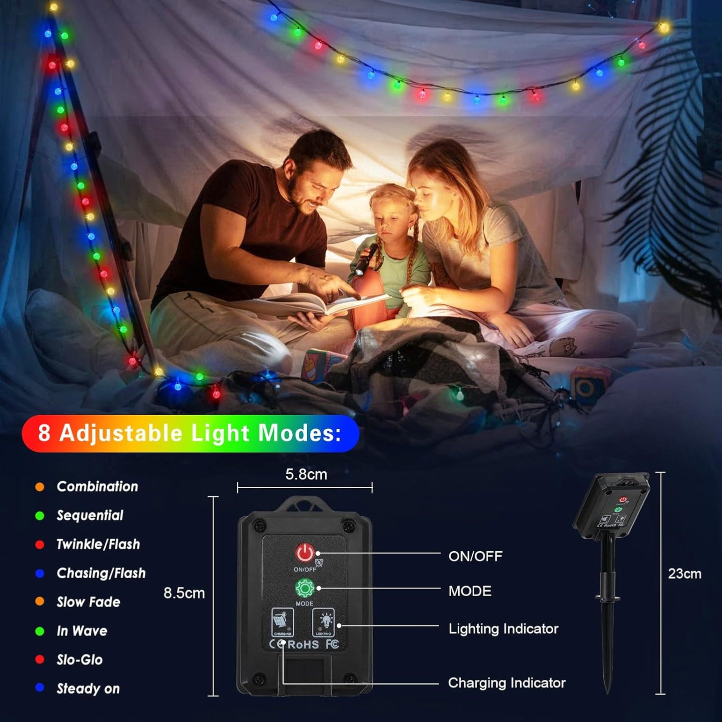 Solarbetriebene LED-Lichterkette, Bunt 100LED 15+3M