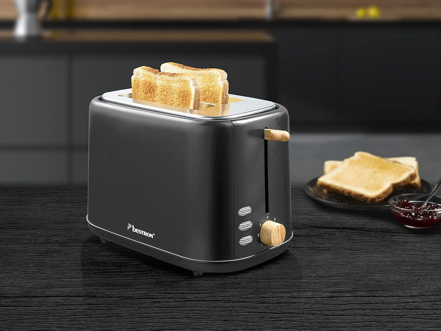 Toaster für 2 Scheiben mit Brötchenaufsatz, Schwarz/Holz
