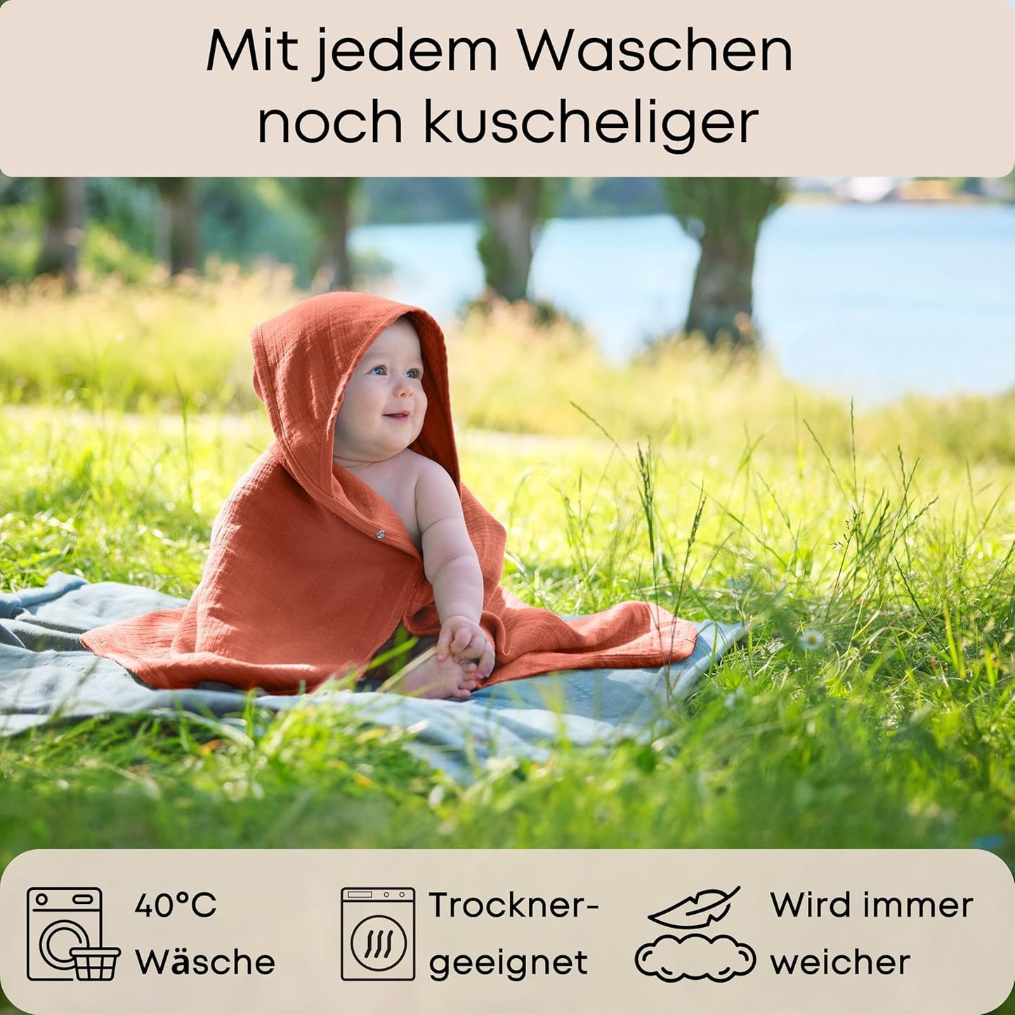 Baby Kapuzenhandtuch mit Anti-Rutsch-Knöpfen, 75x75 cm, Rot/Ausflug, Einfarbig (Getaway Solids)