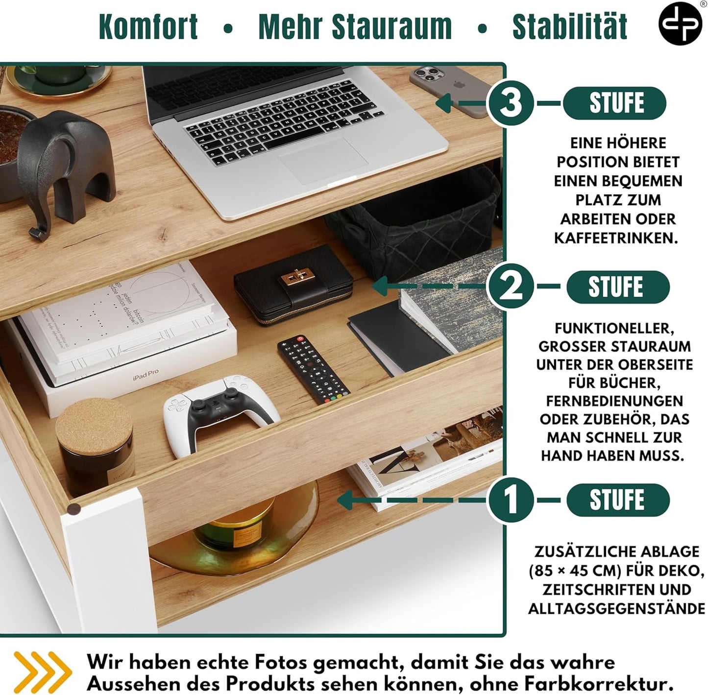 Höhenverstellbarer Couchtisch mit Stauraum, Weiss + Eiche