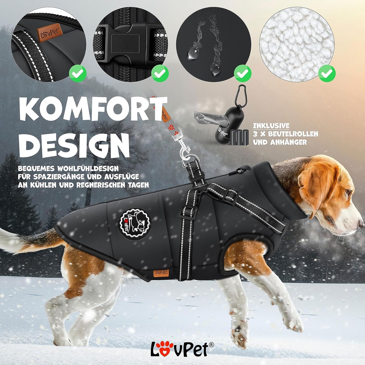 Hundewintermantel mit Geschirr & Kotbeutel-Set, 4XL Schwarz