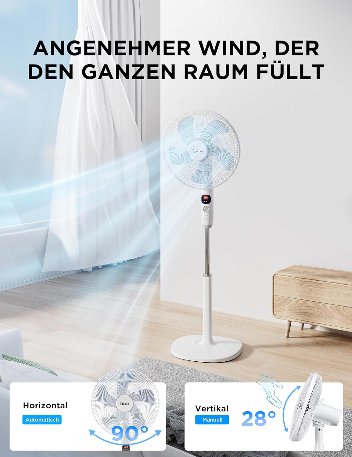 Leiser Standventilator FS40-16CR, 5 Flügelblätter, LED-Anzeige