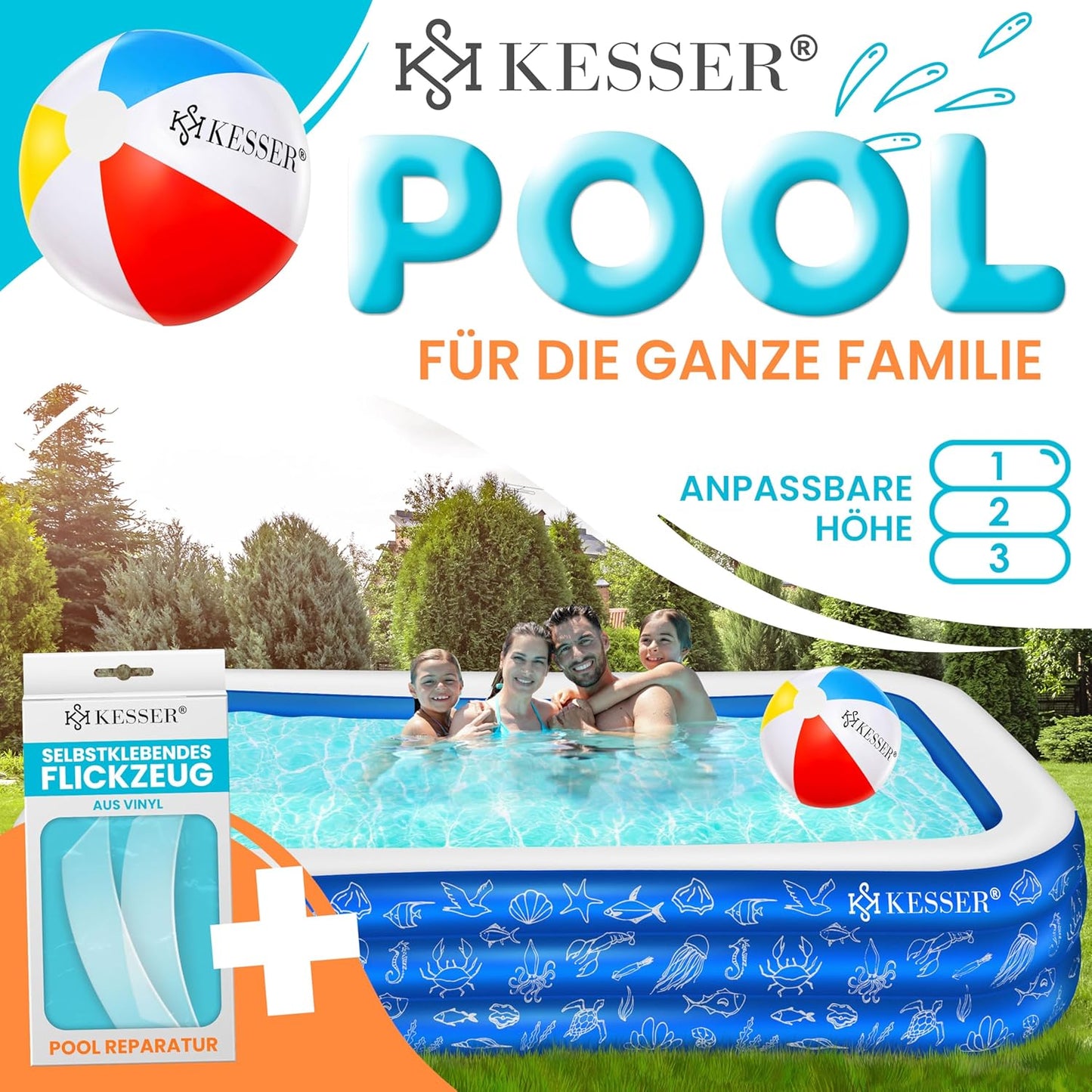 Aufblasbarer Familienpool 305x183x56 cm, Blau 3 Meter