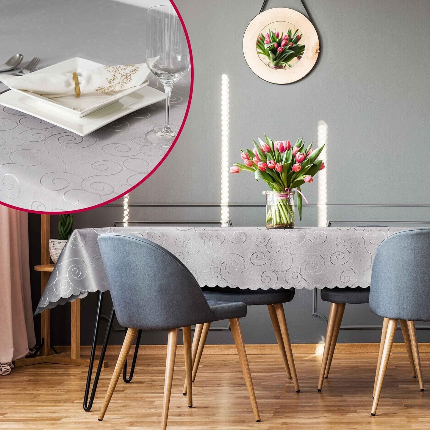 Tafeldecke mit Ornament-Stickerei, 130 x 340 cm (Eckig) Dunkelblau