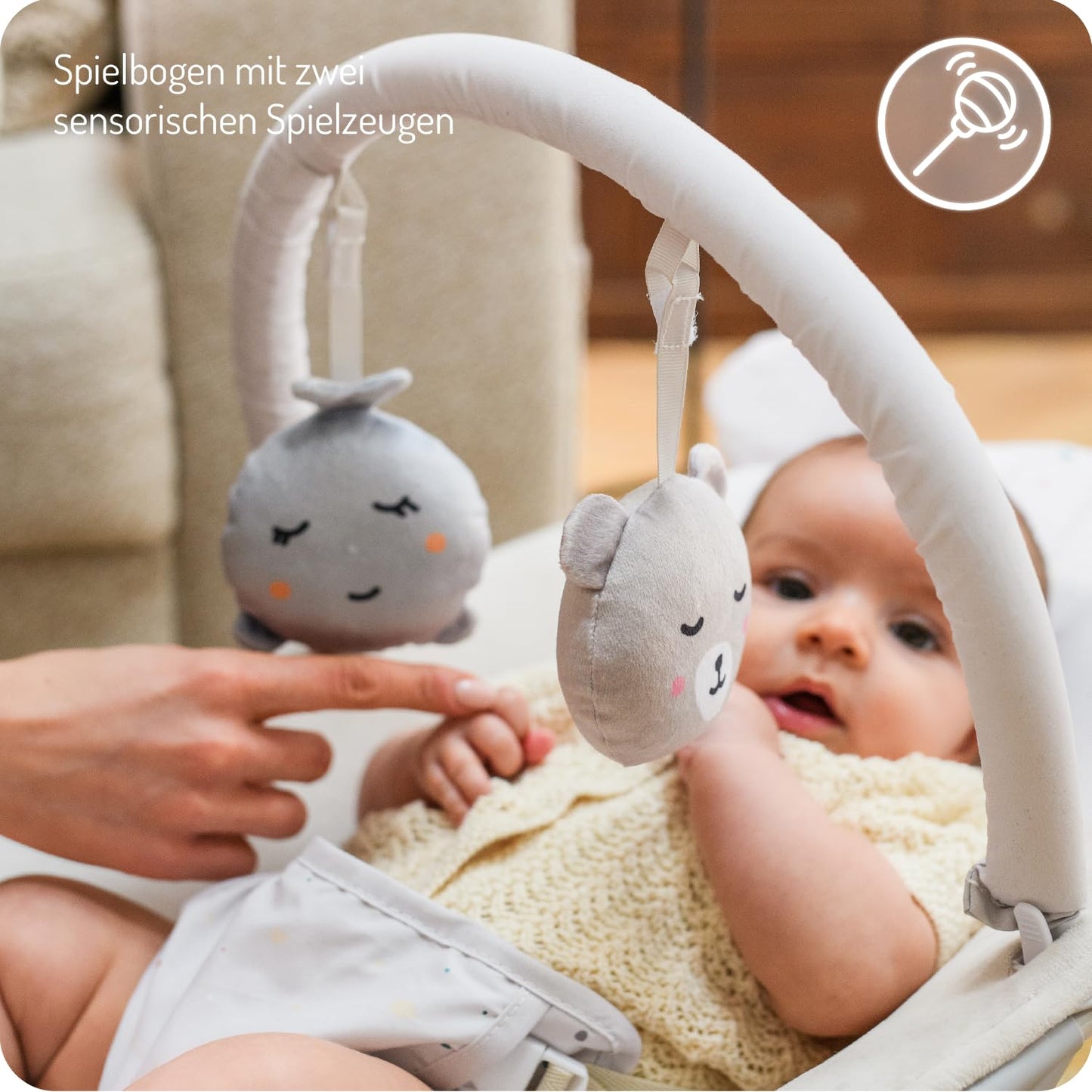 Babywippe Glossy mit Sicherheitsgurt und sensorischem Modul, Beige