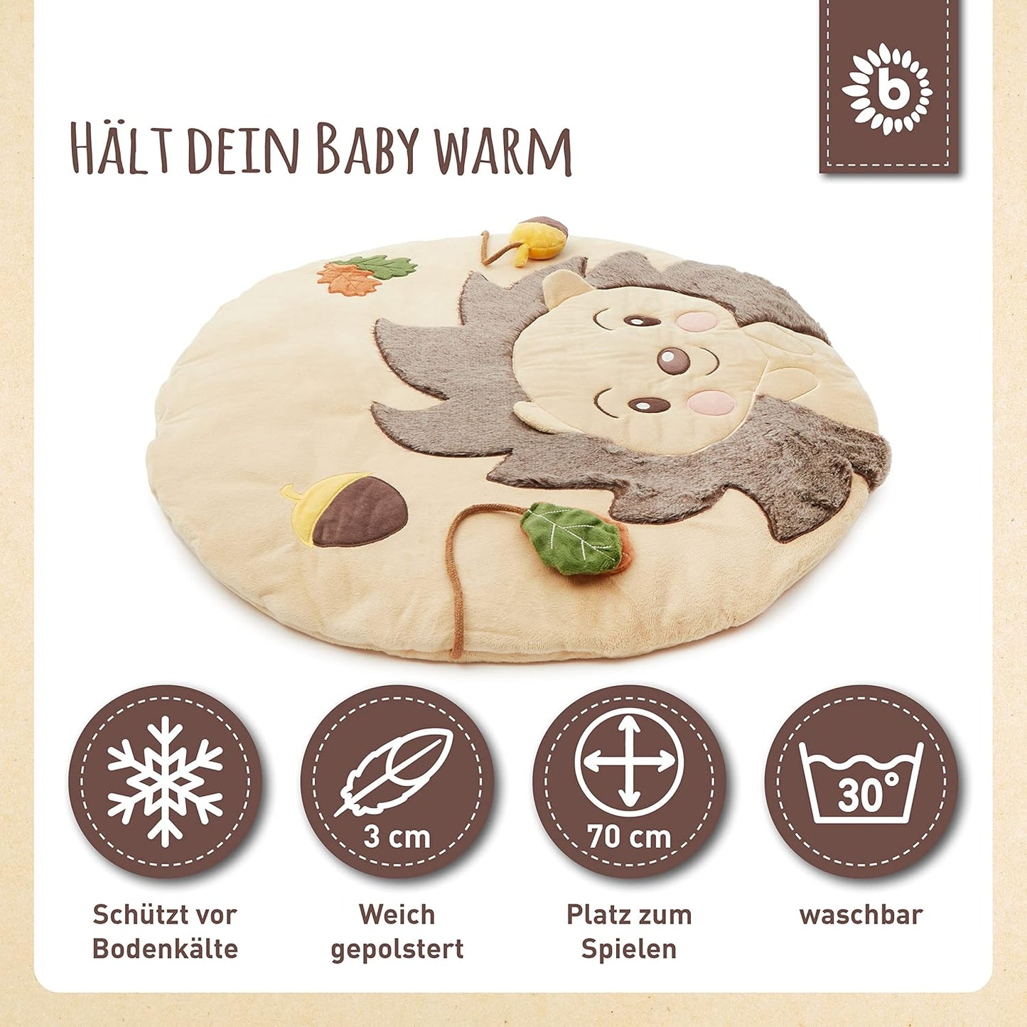 Baby Krabbeldecke mit Igel Motiv (70 cm), Braun