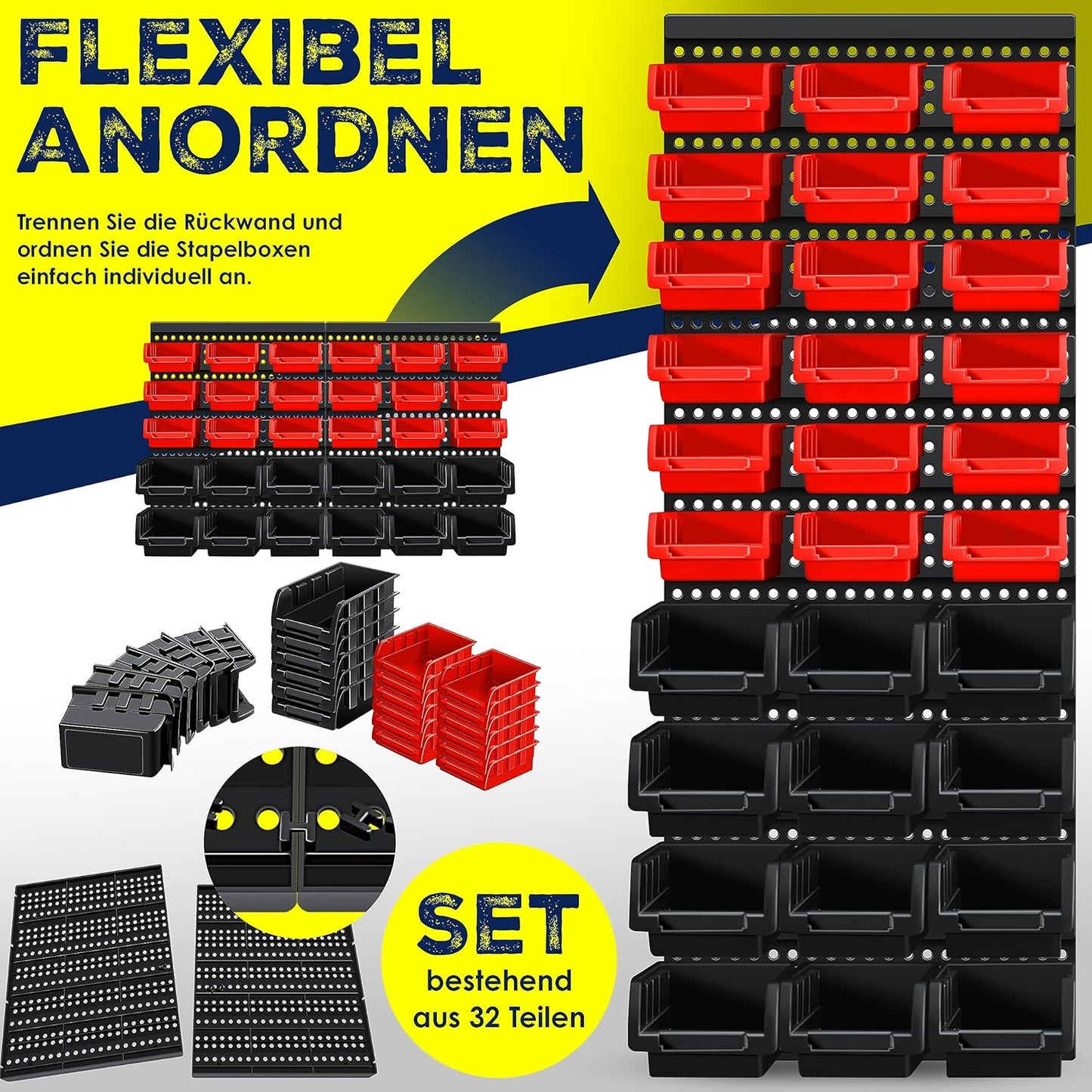 32-teiliges Stapelboxen Wandregal-Set, Schwarz / Rot