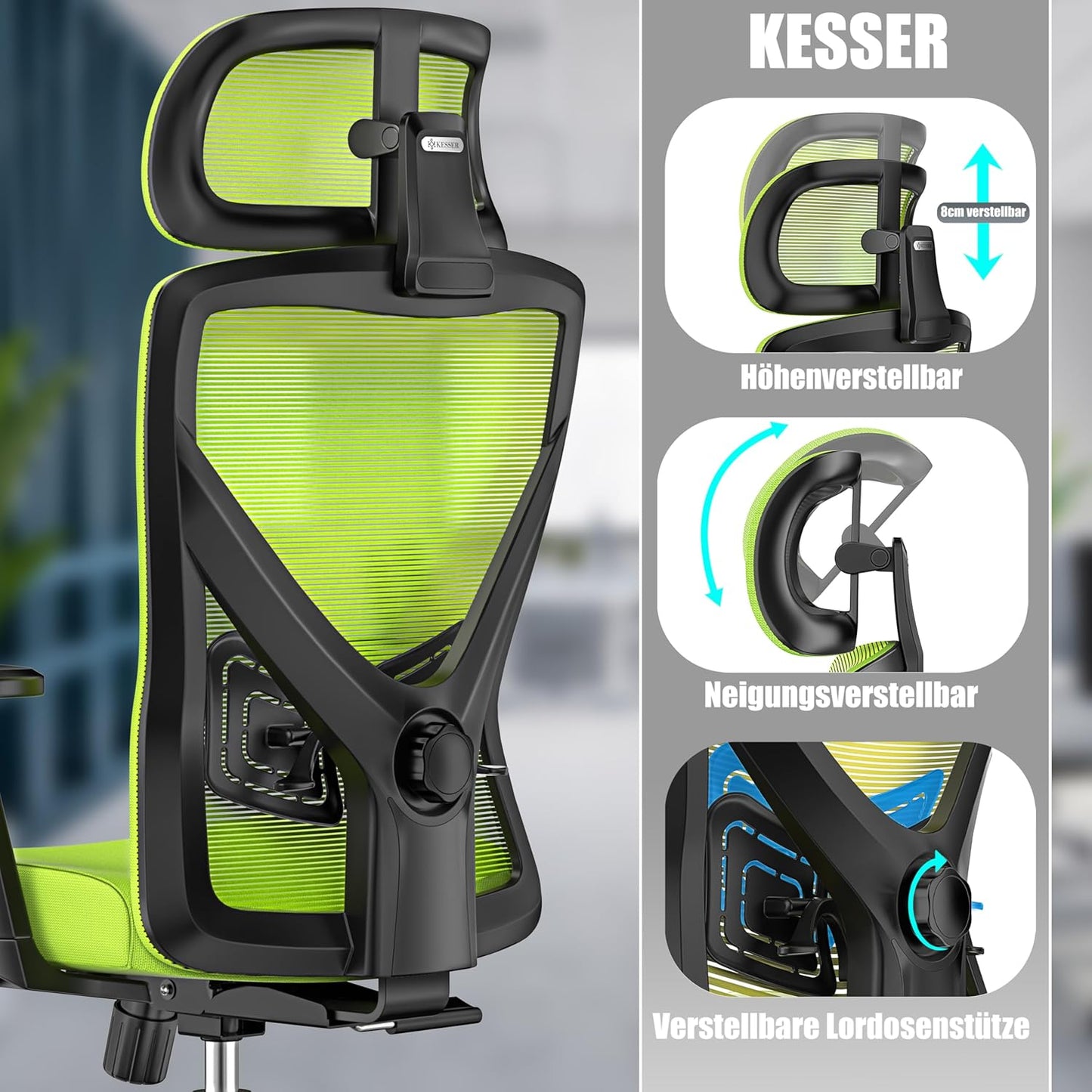 Ergonomischer Bürostuhl mit Wippfunktion und Lendenstütze, Grün / Silber