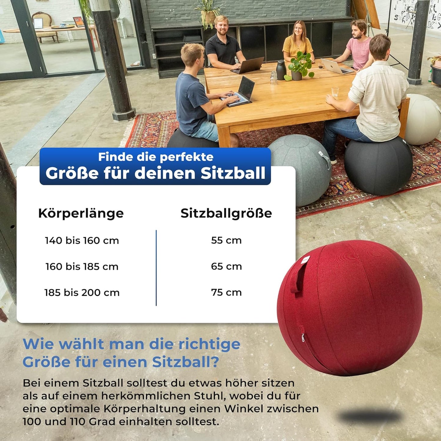 Ergonomischer Sitzball für Büro und Homeoffice, 65 cm Rot