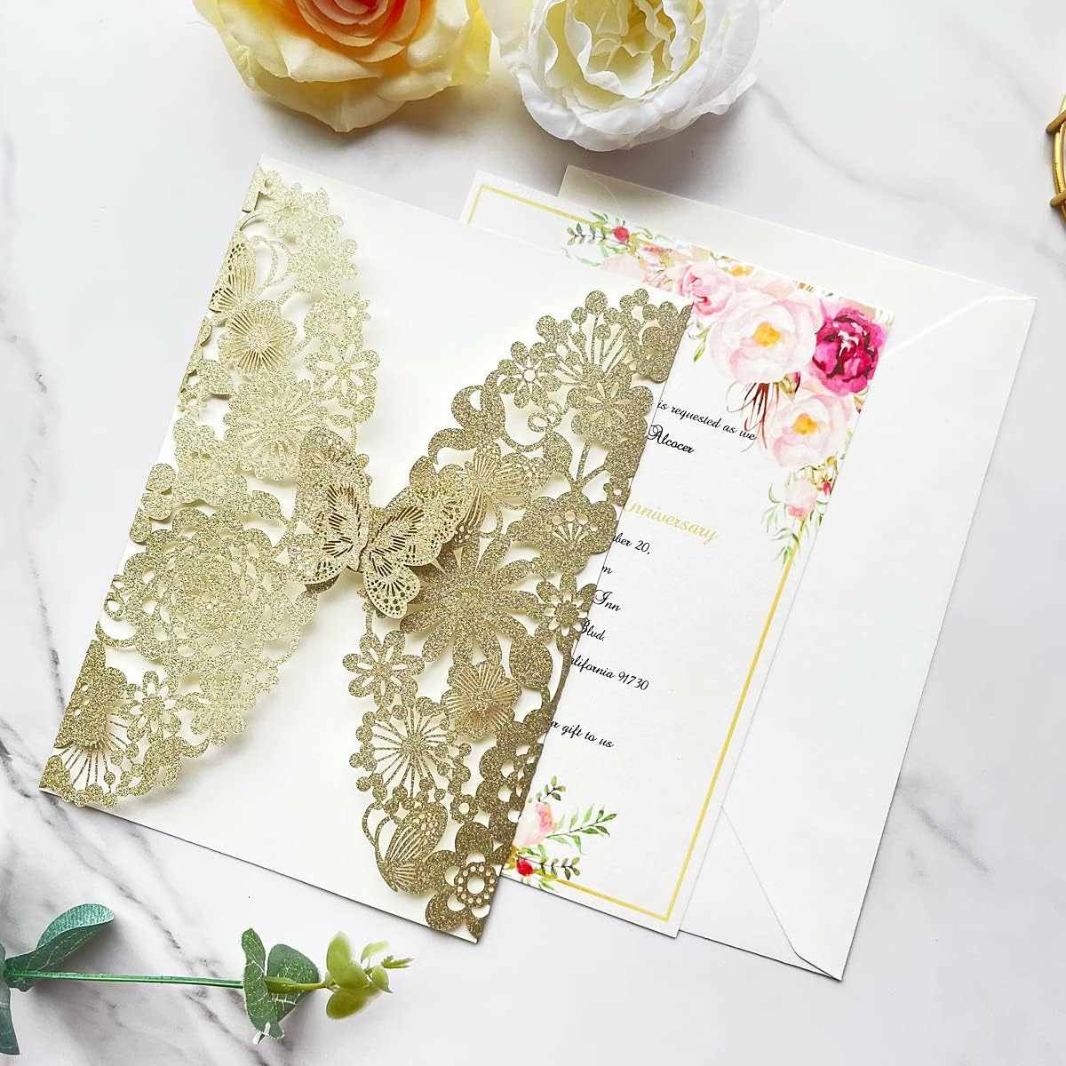 Blanko-Glitzer-Hochzeitseinladungen-Set (20 Stück), 20 Stück Leeres Papier Champagner Gold Glitzer
