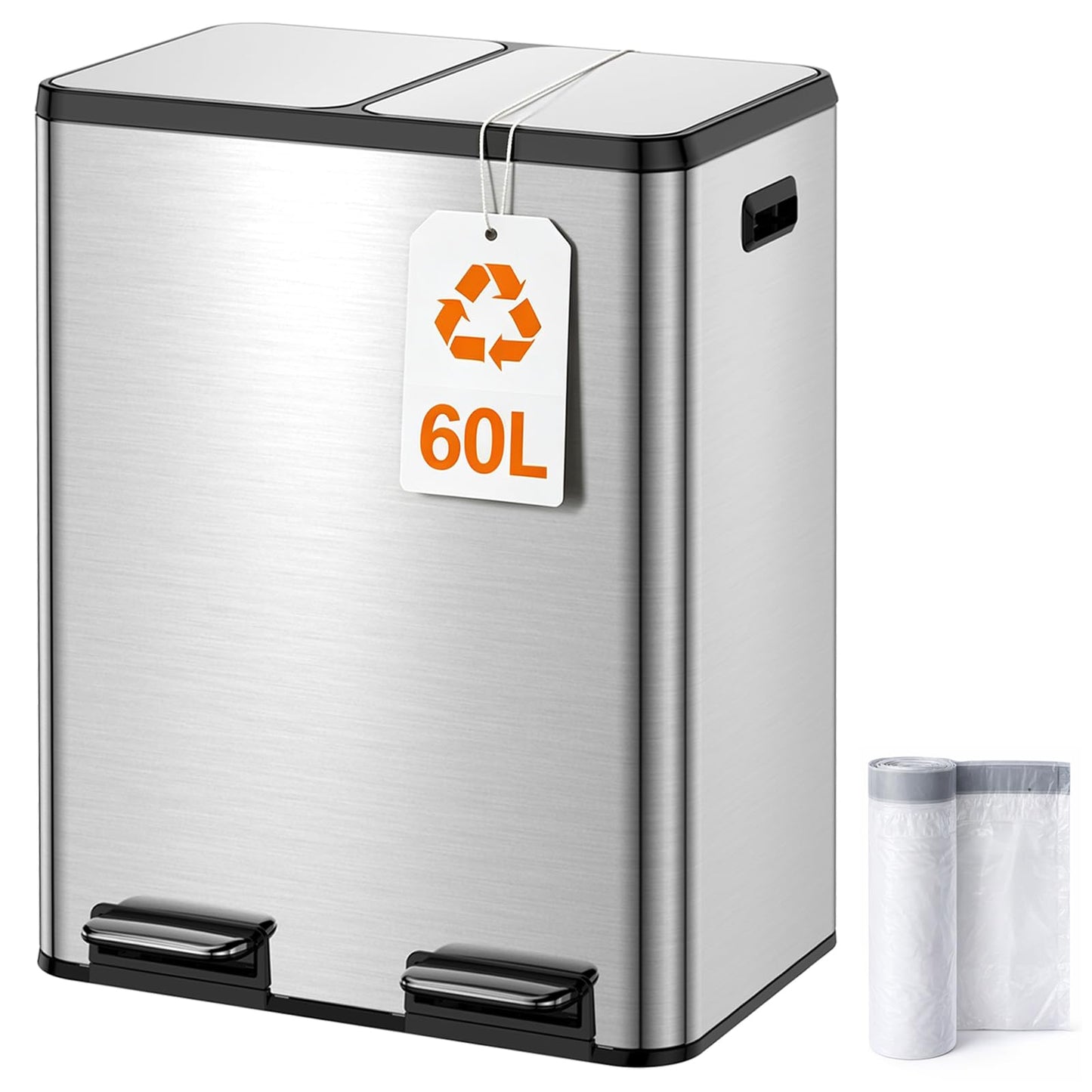 Doppeltreteimer mit Müllbeutel, Edelstahl 60L