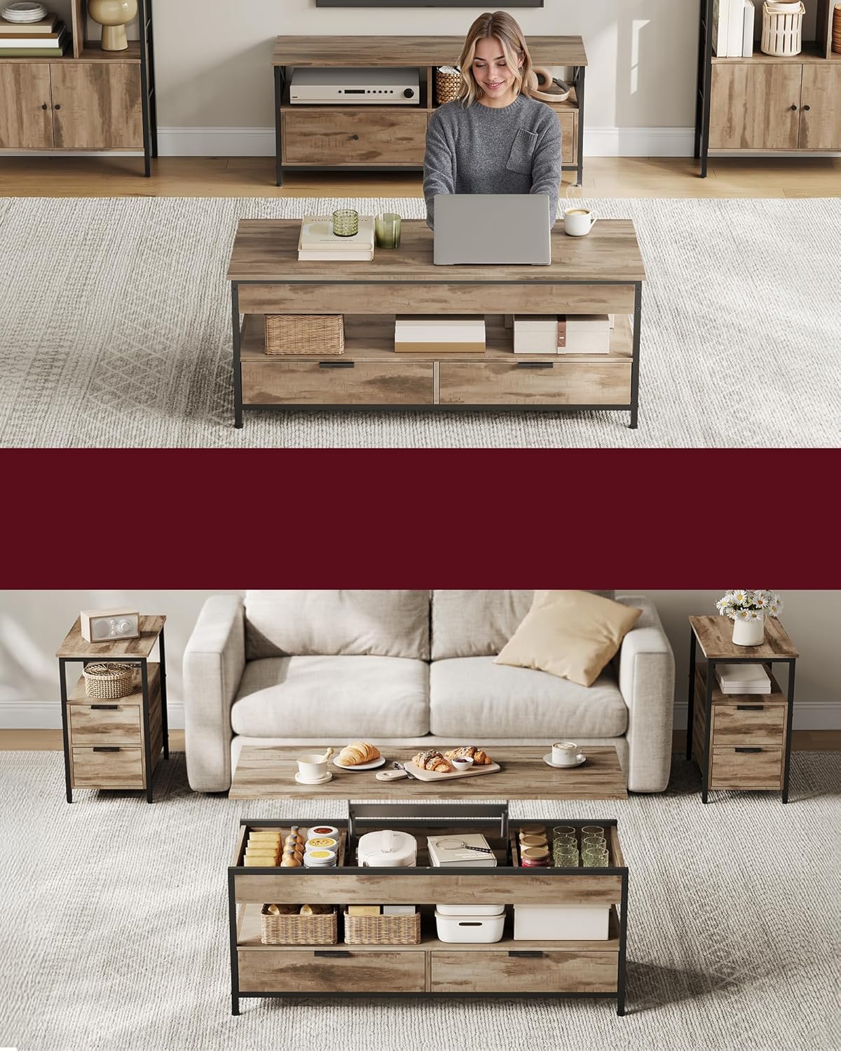 Höhenverstellbarer Couchtisch mit Schubladen und Fach, 50 cm x 120 cm Kamelbraun + Tintenschwarz