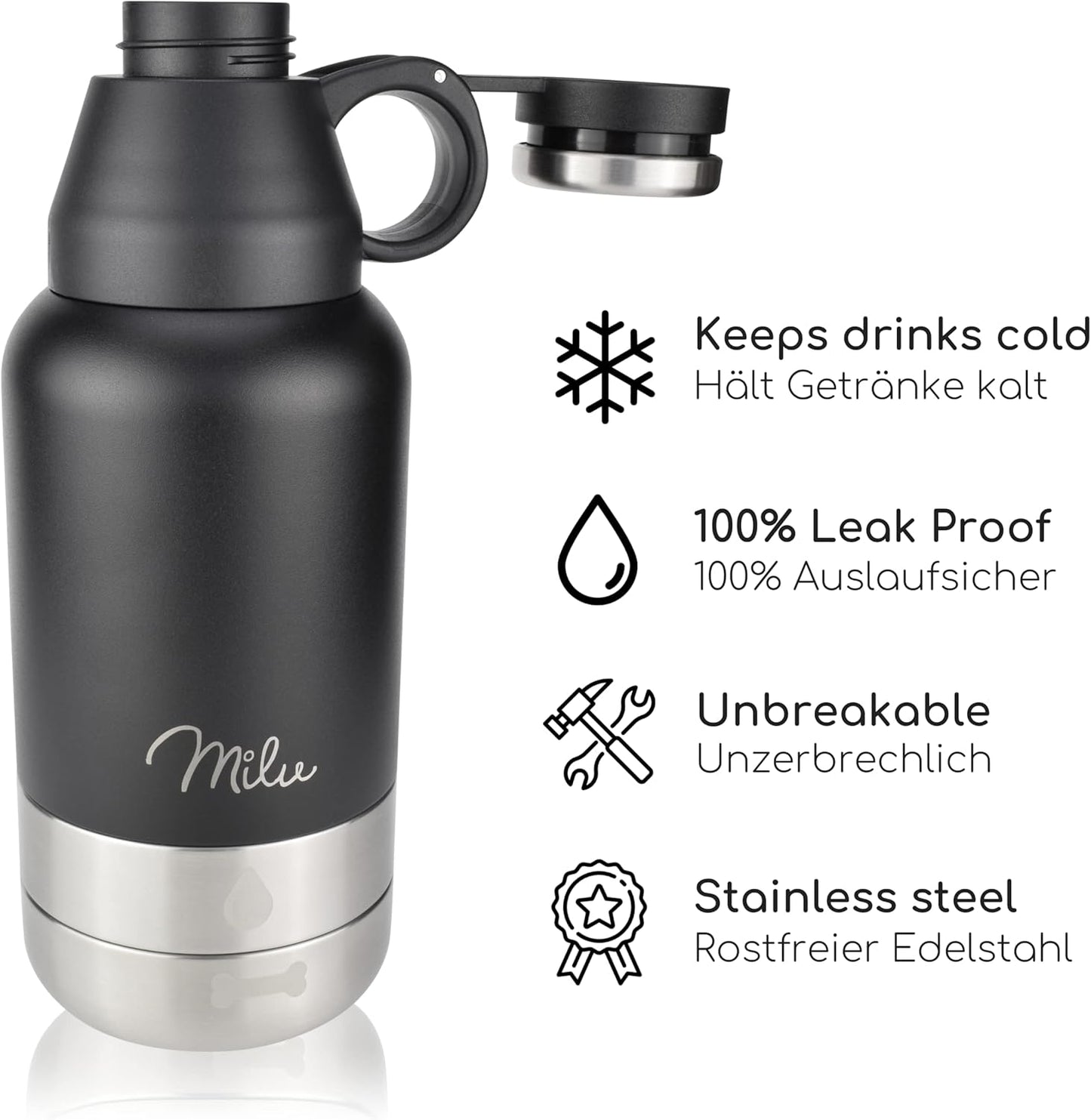 Hundetrinkflasche mit Futternapf, Schwarz