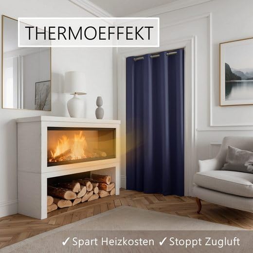 Türvorhang mit Teleskopstange, H200 x B150 cm (1er Pack) Türvorhang Dunkelblau + Stange Silber