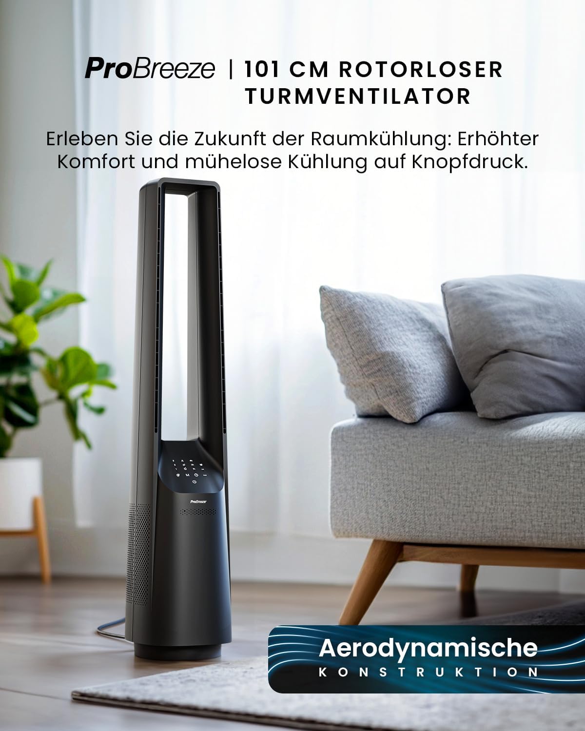 Rotorloser Turmventilator mit Fernbedienung und Timer, Ohne App Schwarz
