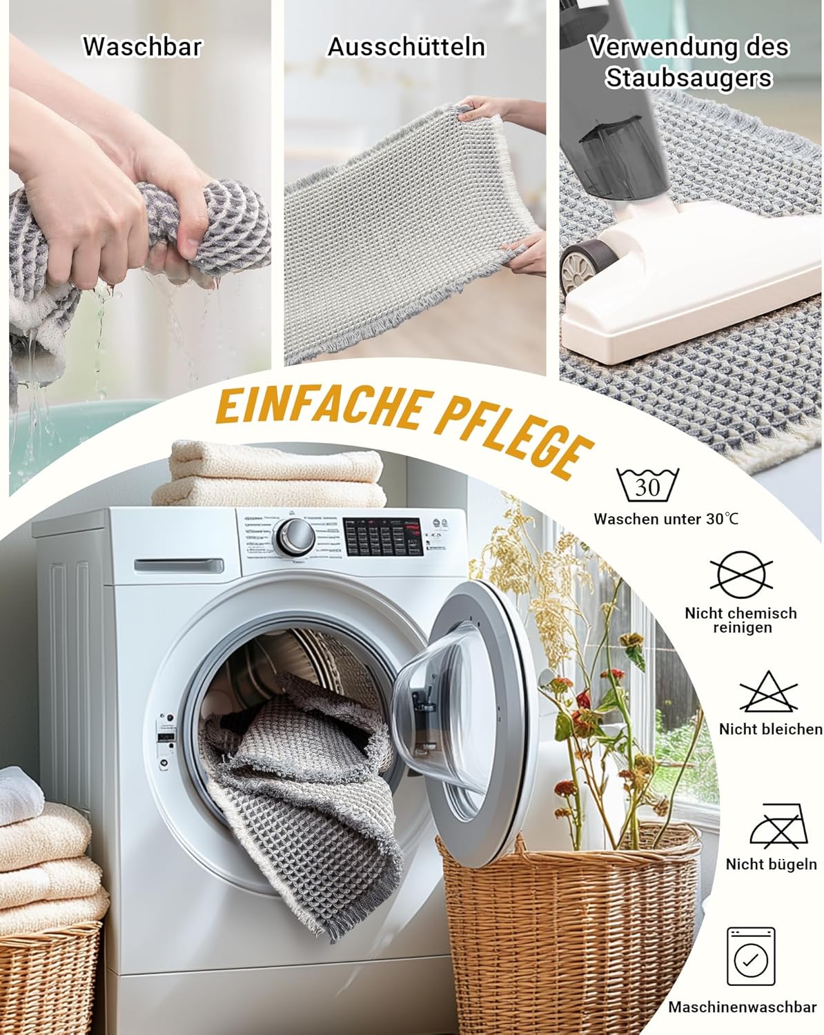 Boho Badteppich Set, rutschfest, Grau Weiss