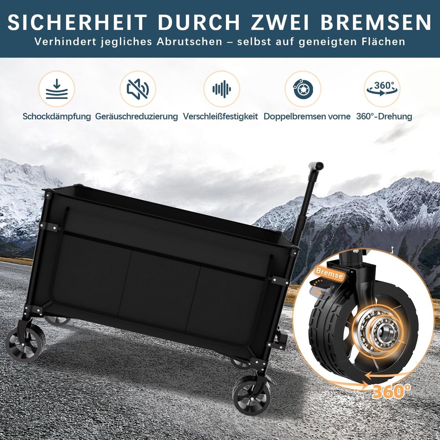 Faltbarer Bollerwagen mit All-Terrain-Rädern & Bremse, Schwarz 150L