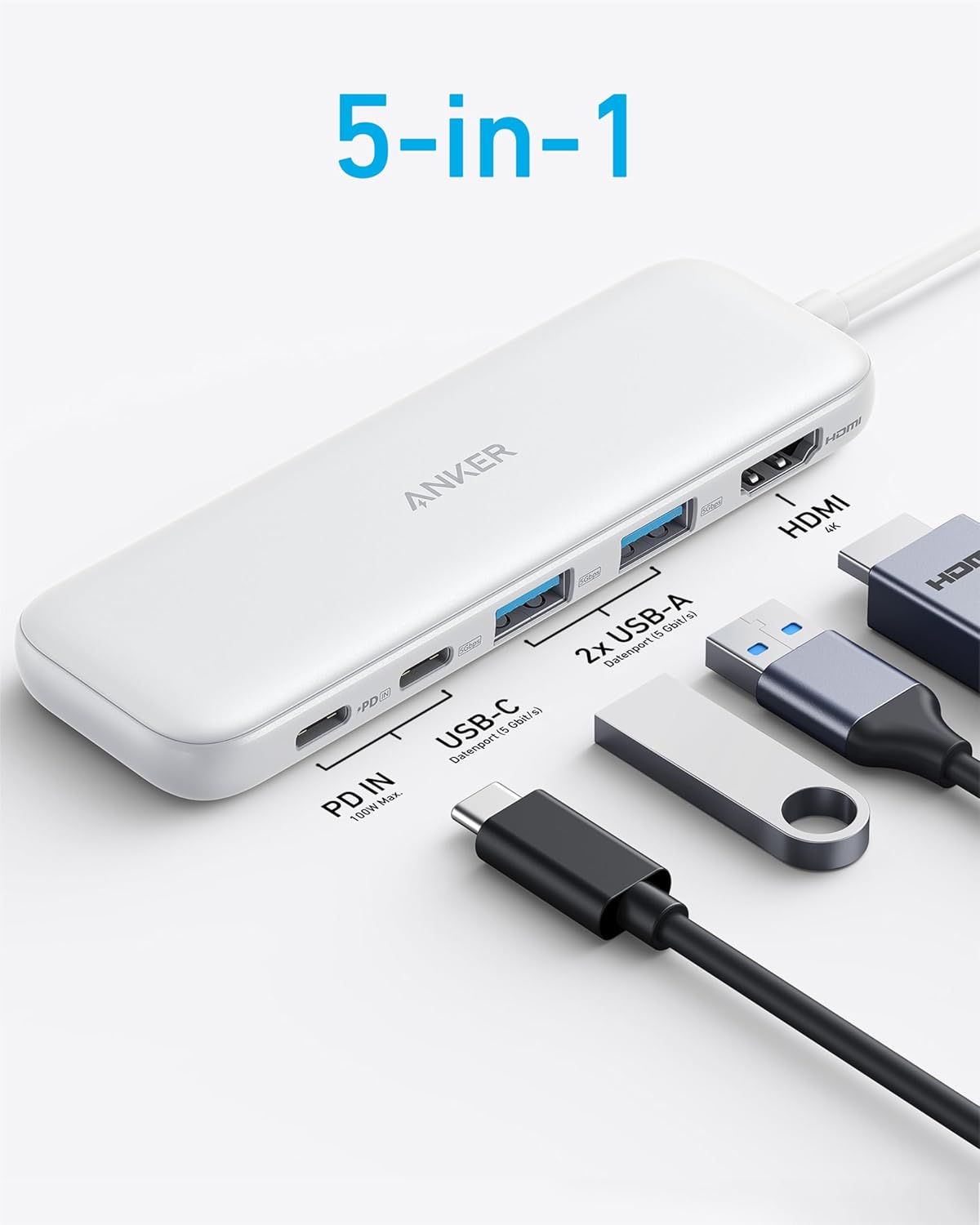 USB-C Hub mit 4K HDMI und 5Gbps Datenanschluss, Weiß