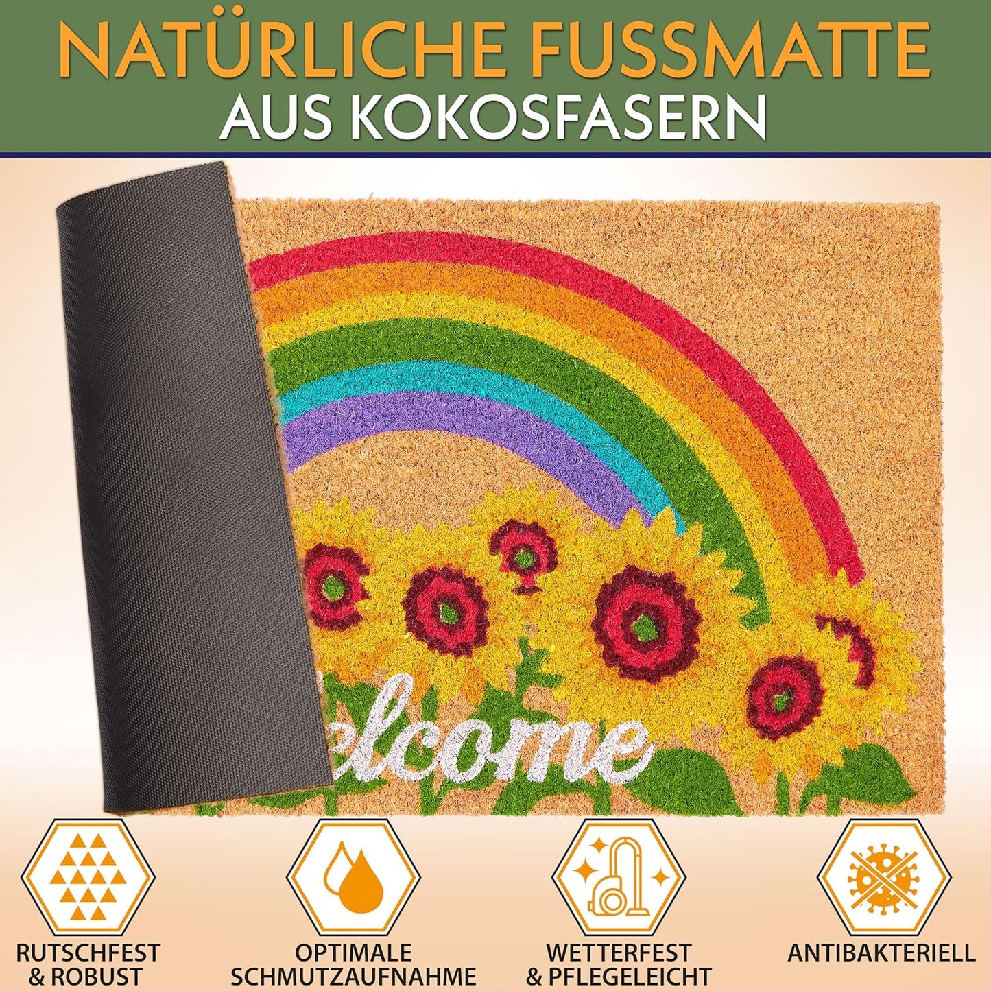 Antirutsch Fussmatte, Welcome - Sonnenblumen und Regenbogen