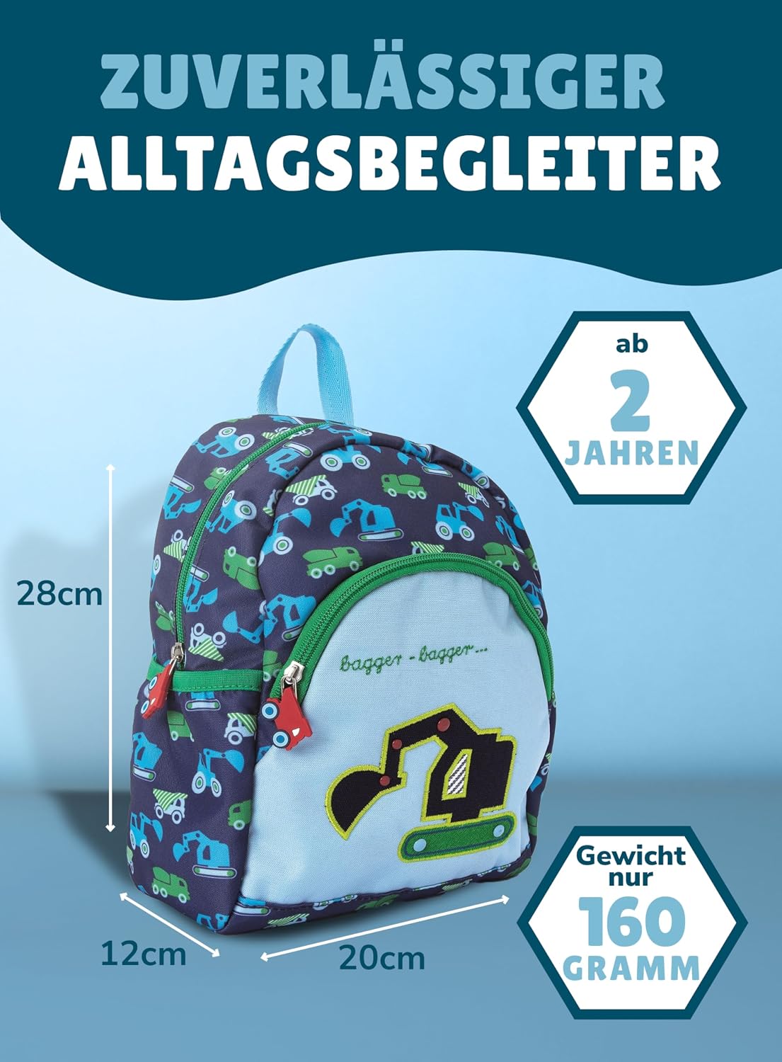 4-teiliges Kindergartenrucksack-Set, Bagger - Grün & Blau Rucksack-Set