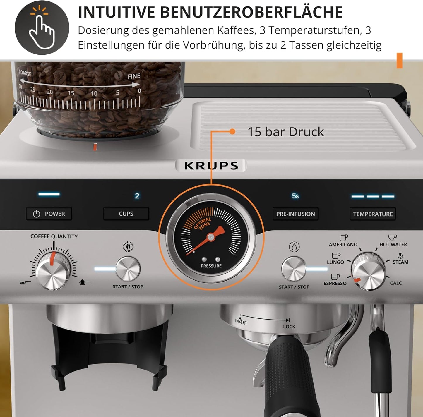 Siebträgermaschine mit Mahlwerk und Dampfdüse, Precision manuelle Siebträgermaschine mit Mahlwerk