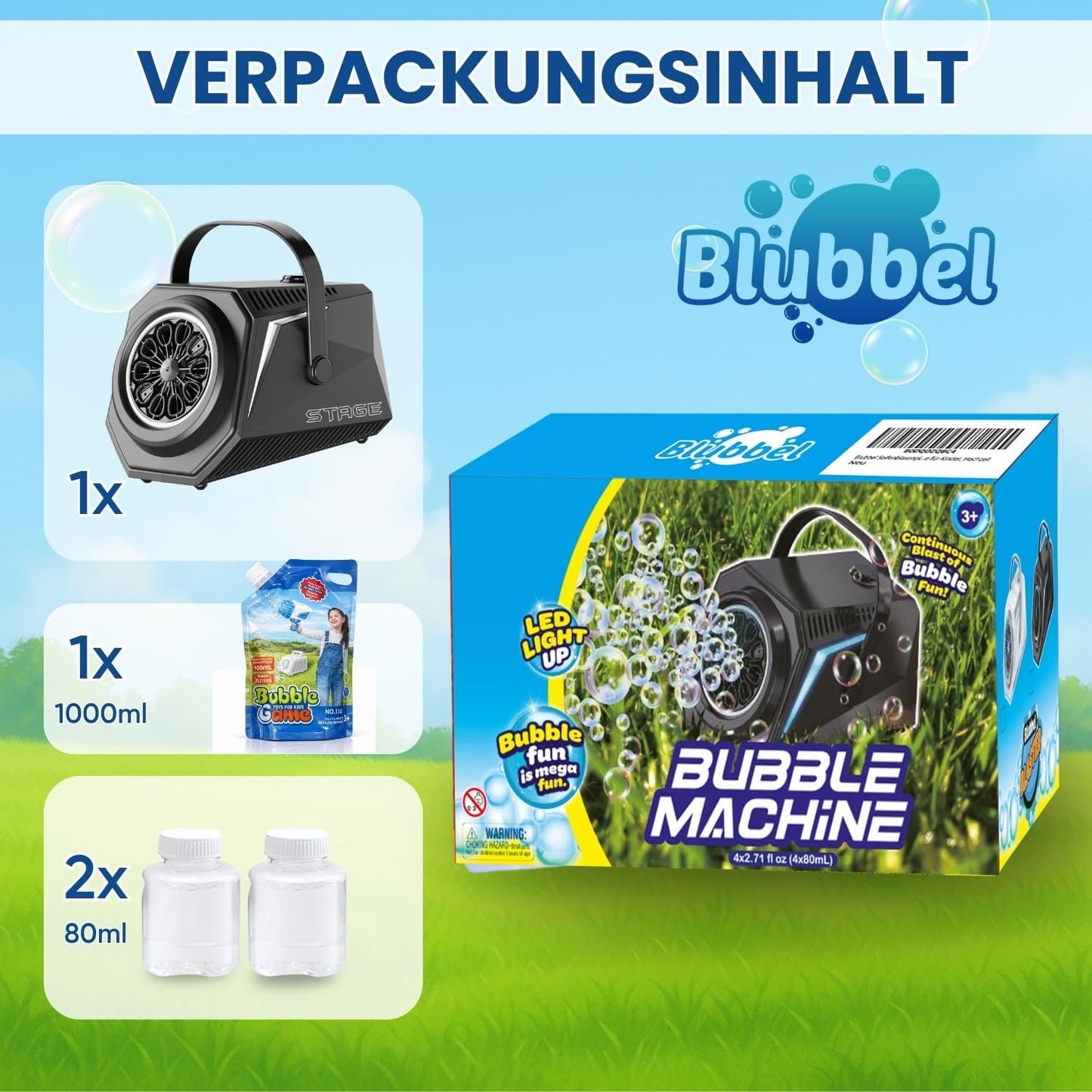 LED Seifenblasenmaschine mit 1L Flüssigkeit, Schwarz