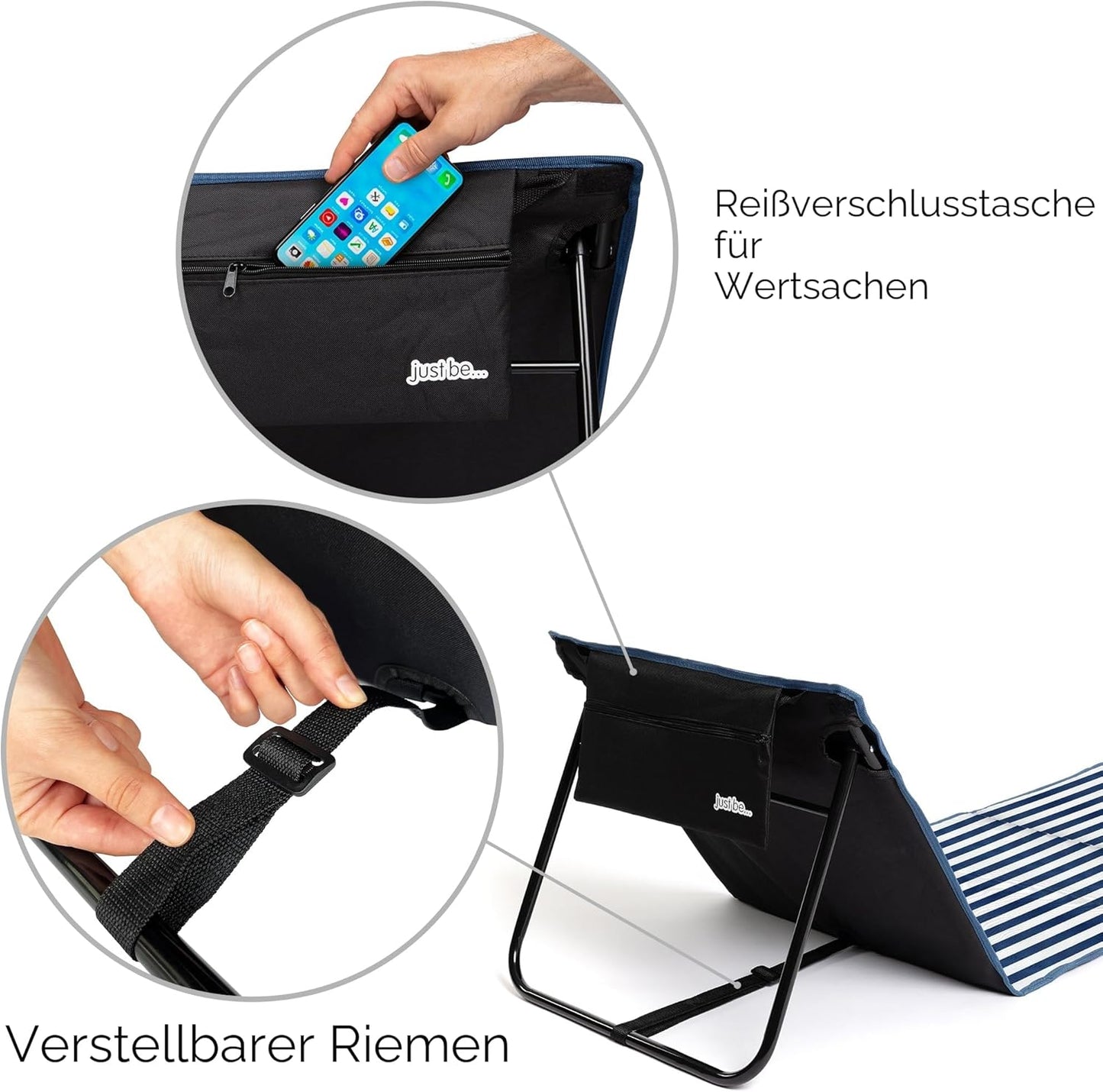 Faltbare Strandmatte mit klappbarer Rückenlehne , Reissverschlusstasche und Schultergurt, Blau Gestreift