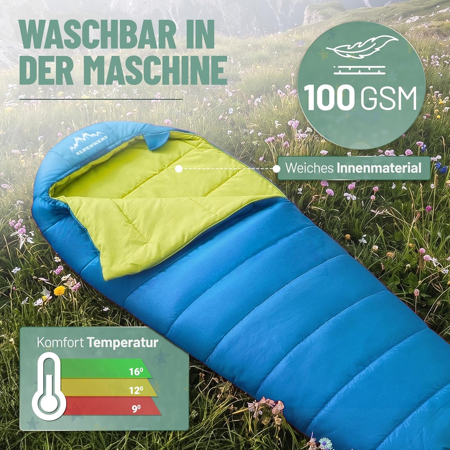 Mitwachsender Kinderschlafsack Sommer, Hellblau/Neongelb