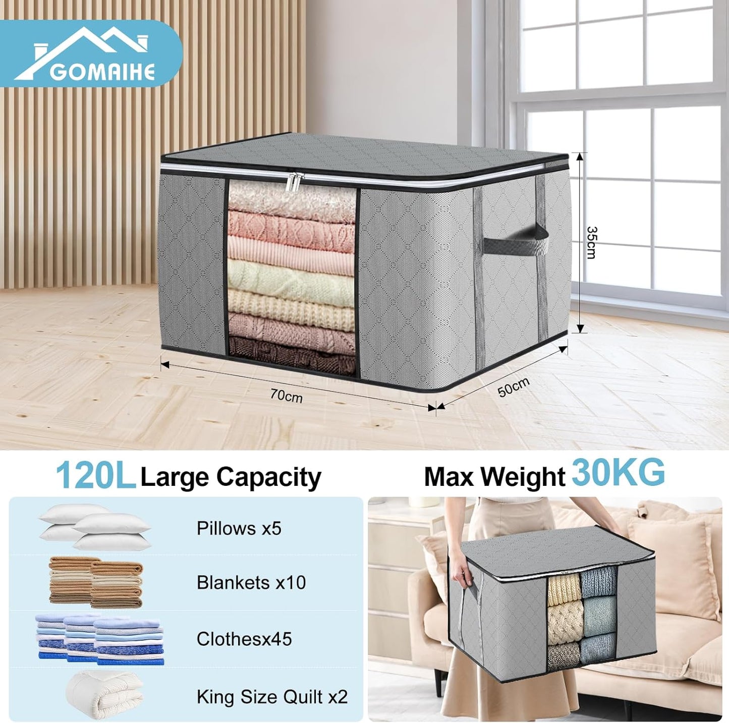 6-teiliges Aufbewahrungstaschen-Set für Unterbett, 120L x 6 Grau