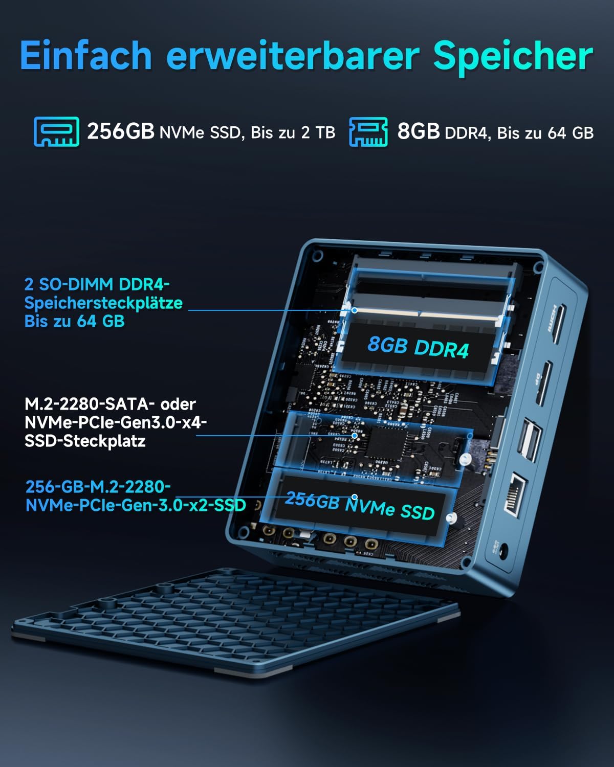 Mini-PC B2Power mit Intel 5205U, 4K Dual-Display, 5205U 8GB DDR4+256GB NVMe SSD