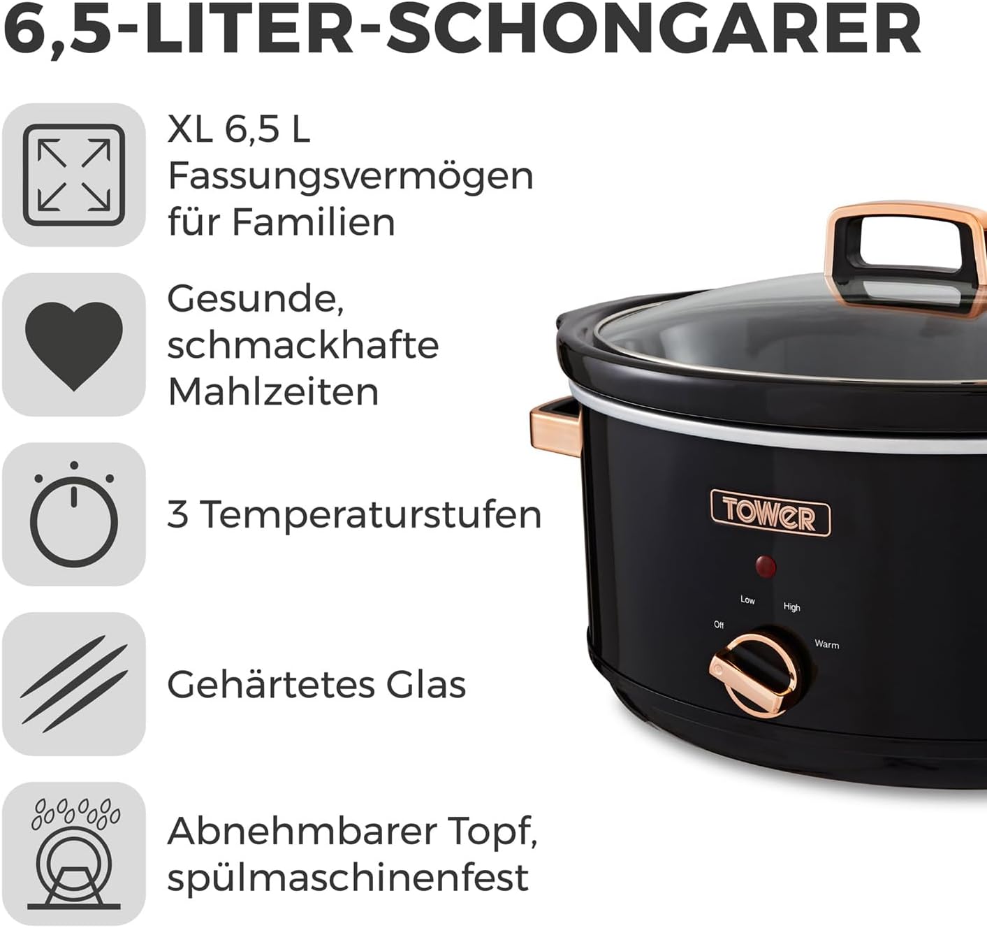 Schongarer mit Warmhaltefunktion, 6,5 l Slow Cooker Roségold