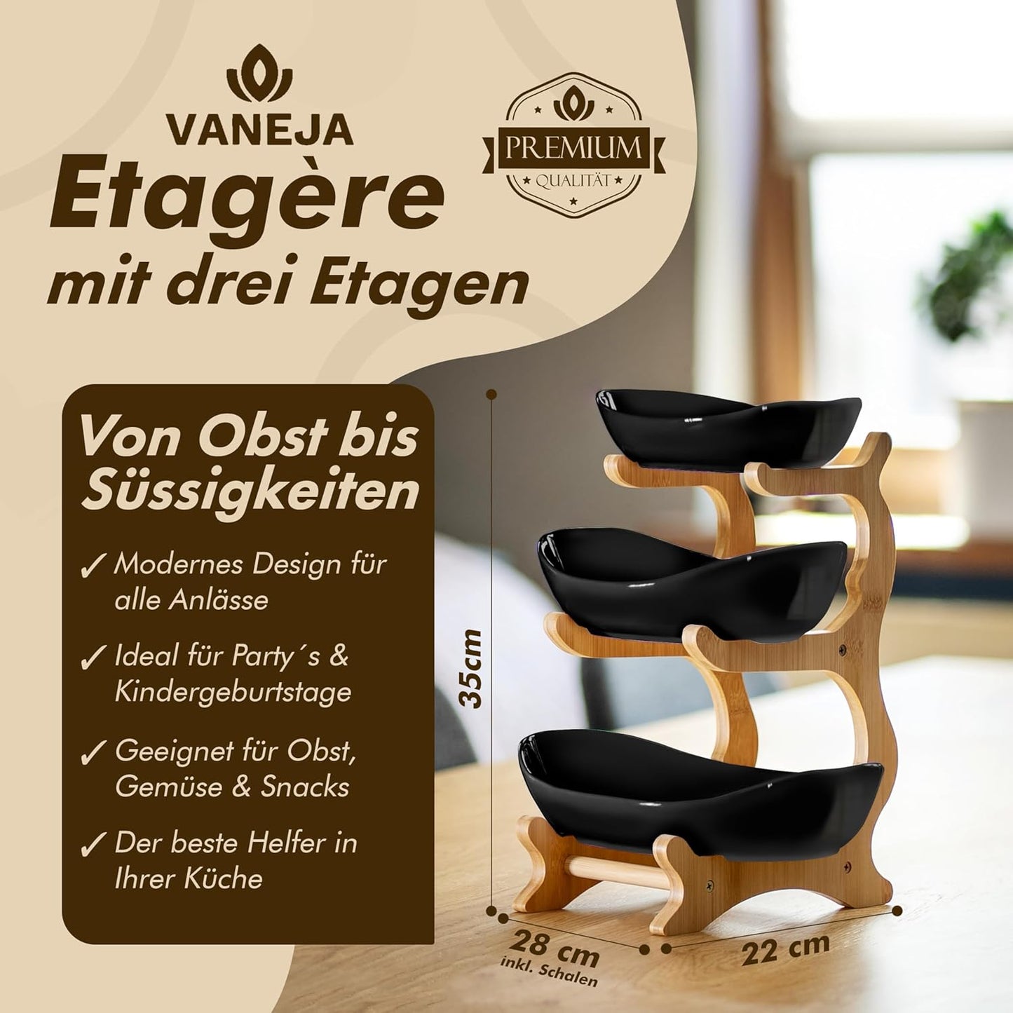 Obst Etagere 3-stöckig mit Bambusständer, Schwarz