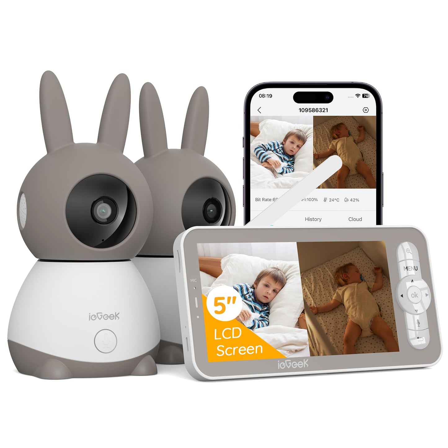 Babyphone mit 2 Kameras und App-Steuerung, Anthrazitgrau