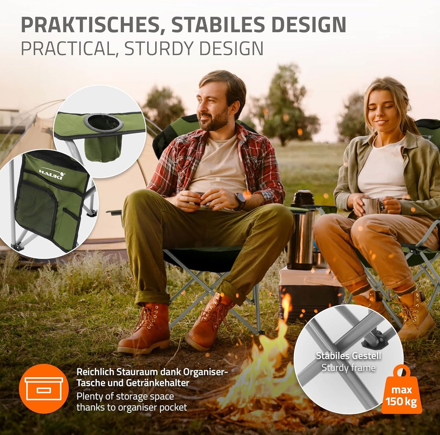 3-teiliges Campingmöbel-Set faltbar, mit Tragetasche, Campingtisch Braun 2x Campingstuhl Khaki