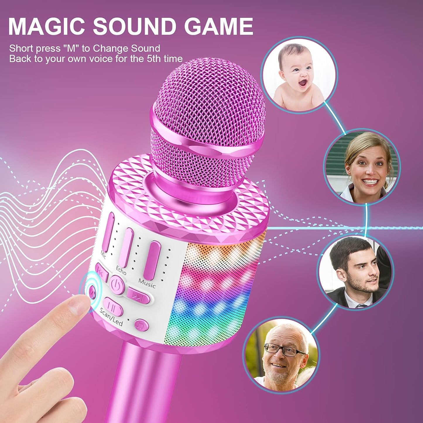 Karaoke Mikrofon mit Bluetooth und LEDs, Rosa