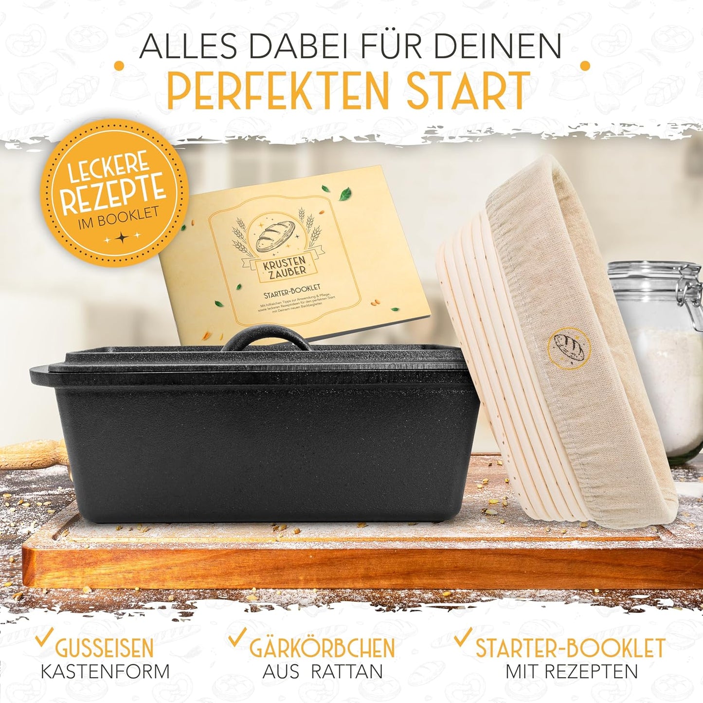 Brotbackform mit Deckel inkl. Gärkorb, Kastenform Gusseisen