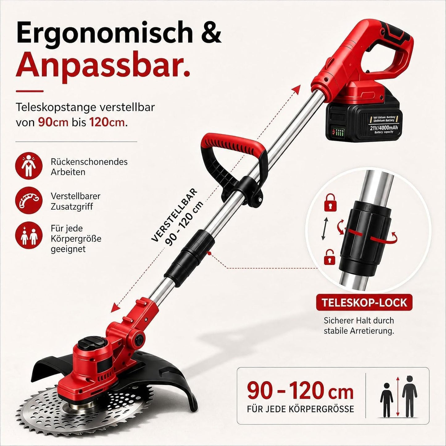 Akku-Rasentrimmer mit Unkrautbürste, Grau