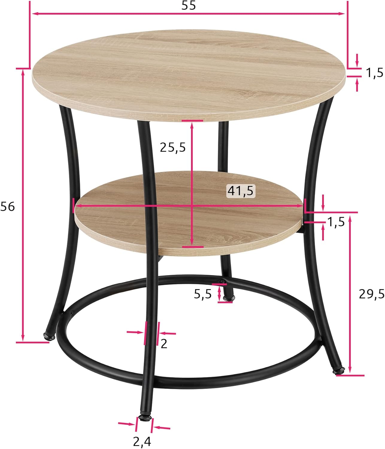 Runder Beistelltisch mit 2 Ablagen, Industrial Holz Hell, Eiche Sonoma 55 x 56cm