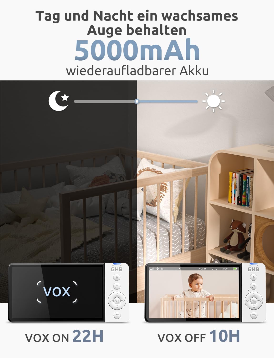 ABM700E Babyphone mit Kamera und 5 Zoll HD-Display, manuell drehbar