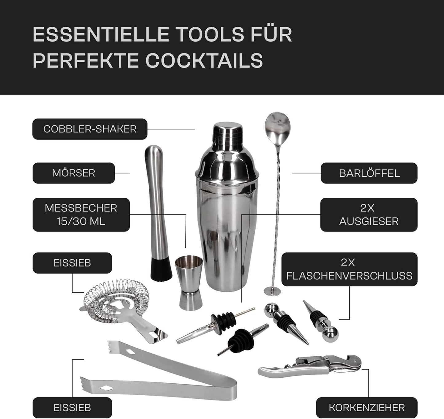 12-teiliges Cocktail Shaker Set mit Bambusständer