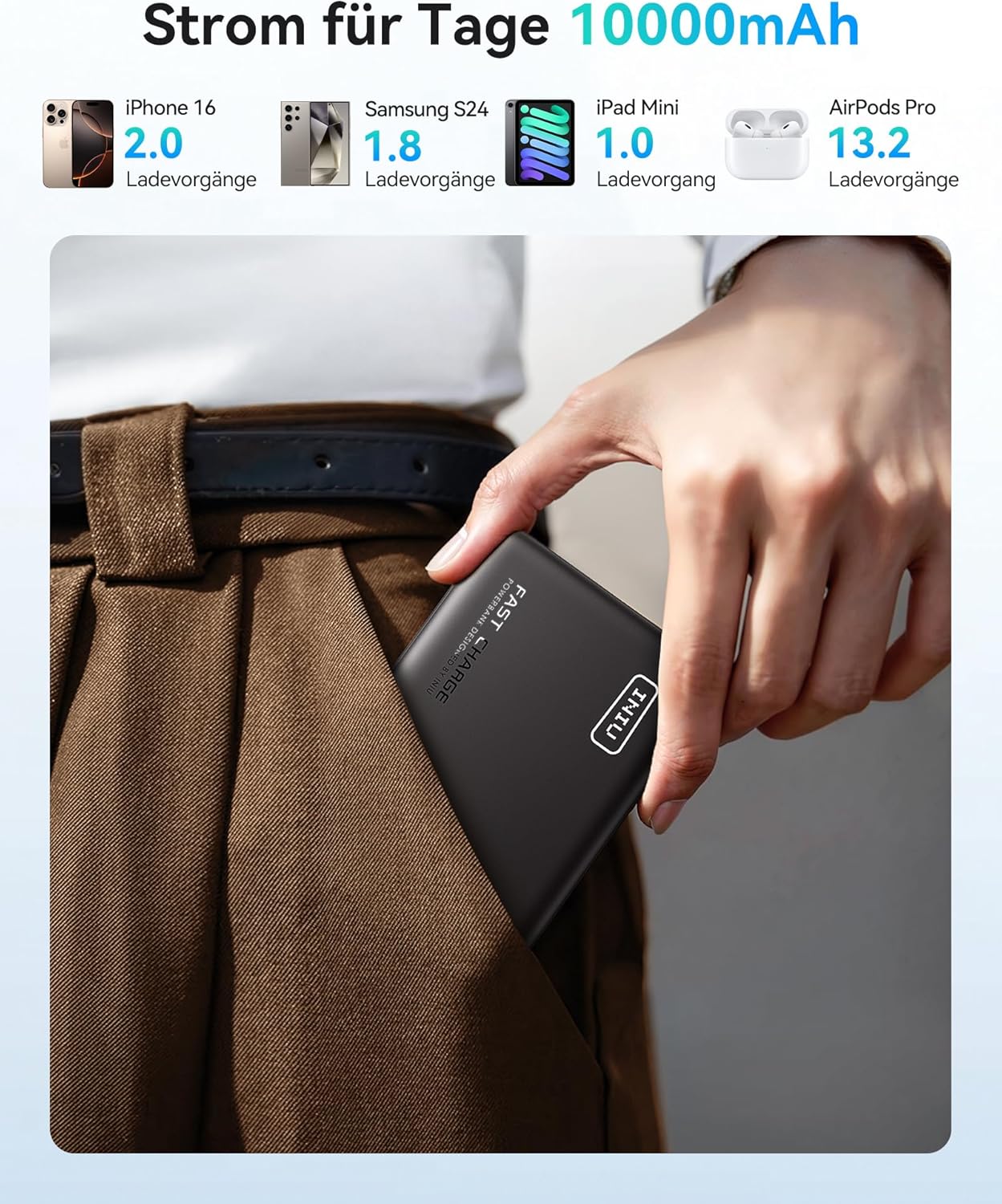 Powerbank 10000mAh mit USB-C & Taschenlampe, Mini Grösse Schwarz