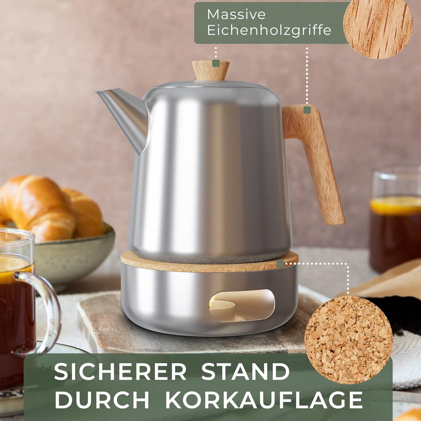 Teekanne mit Stövchen und Siebeinsatz, Teekanne mit Stövchen