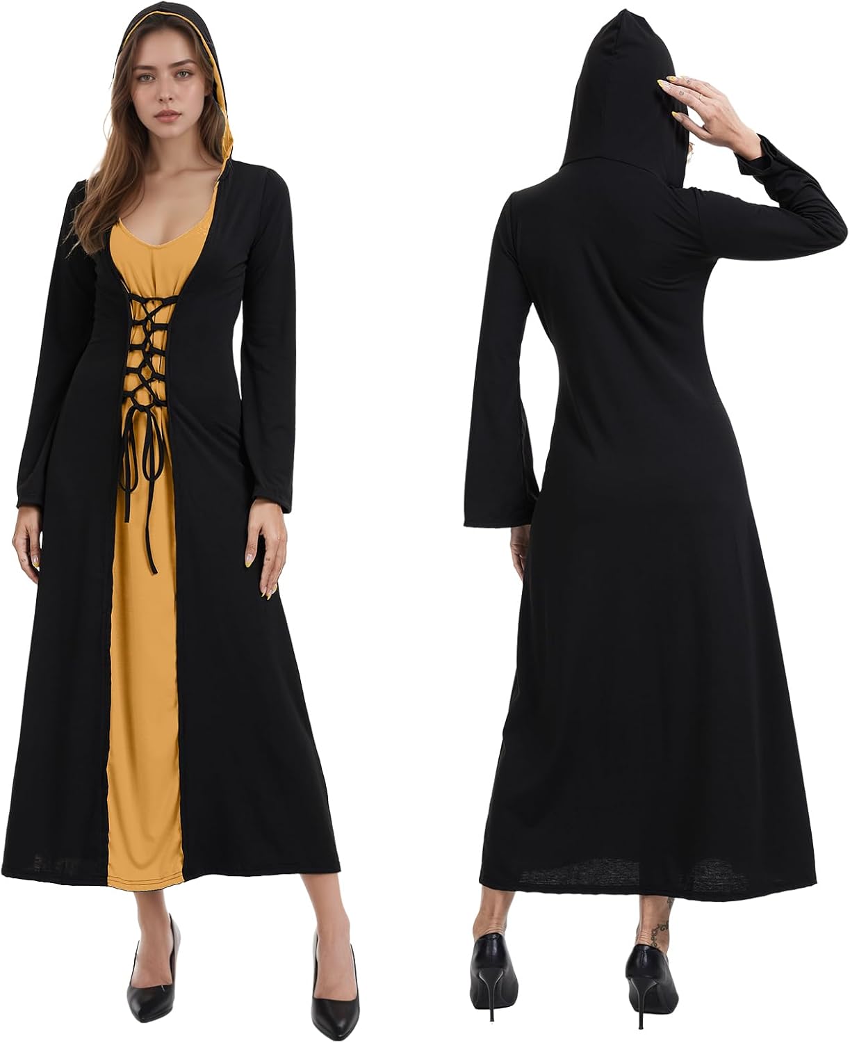 Mittelalterliches Cosplay-Kleid mit Kapuze, M Schwarz und Gold