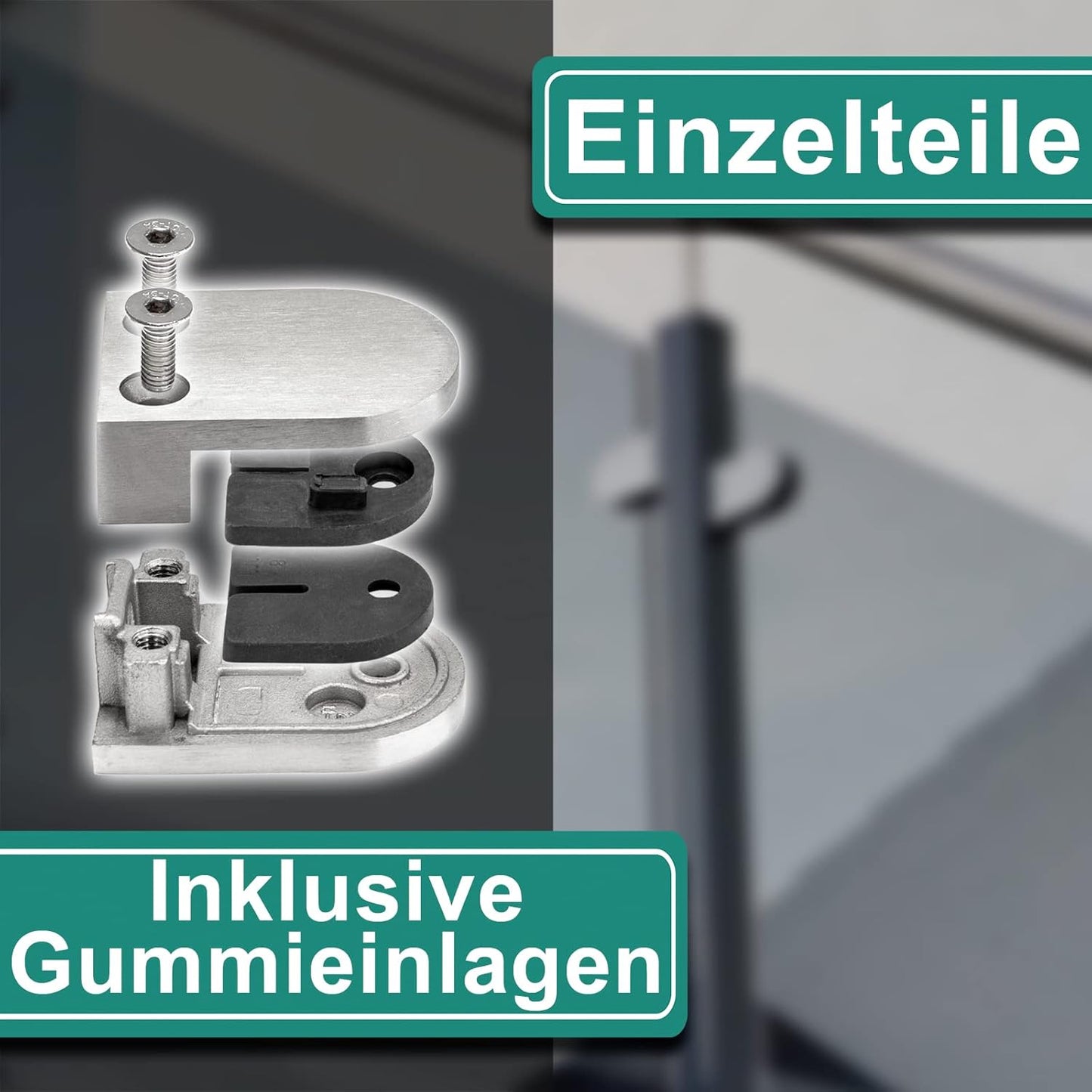 4-teiliges Glashalter-Set für Geländer, Anschluss: Flach | Glasdicke: 6 mm