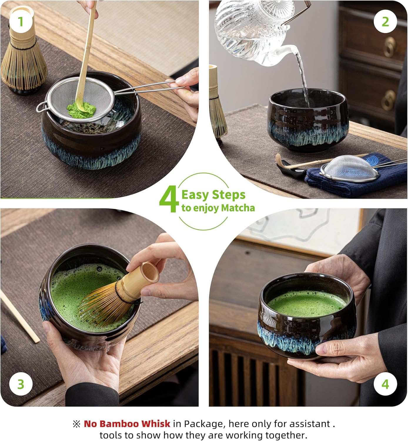 Matcha-Schale mit Schneebesenhalter, Junware-grün