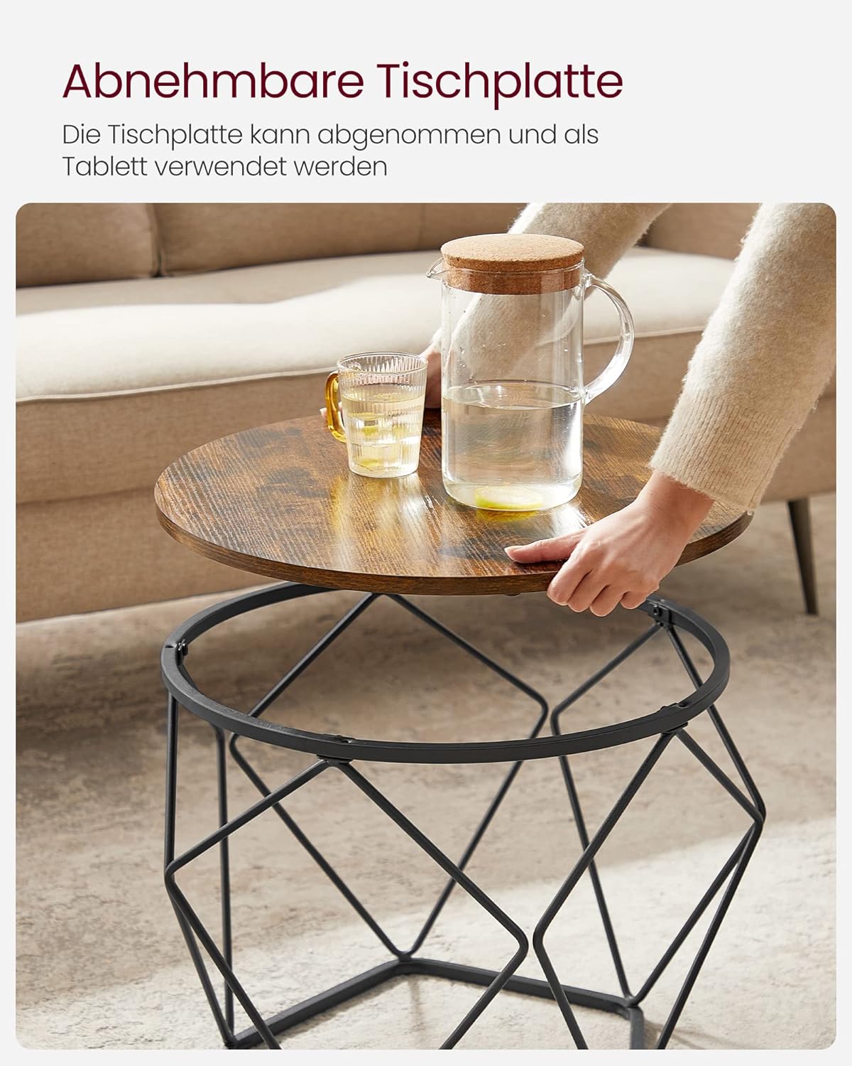 Runder Couchtisch im 2er Set, Vintage-Design, (60d x 45H) cm+(50d x 40H) cm Vintagebraun + Tintenschwarz