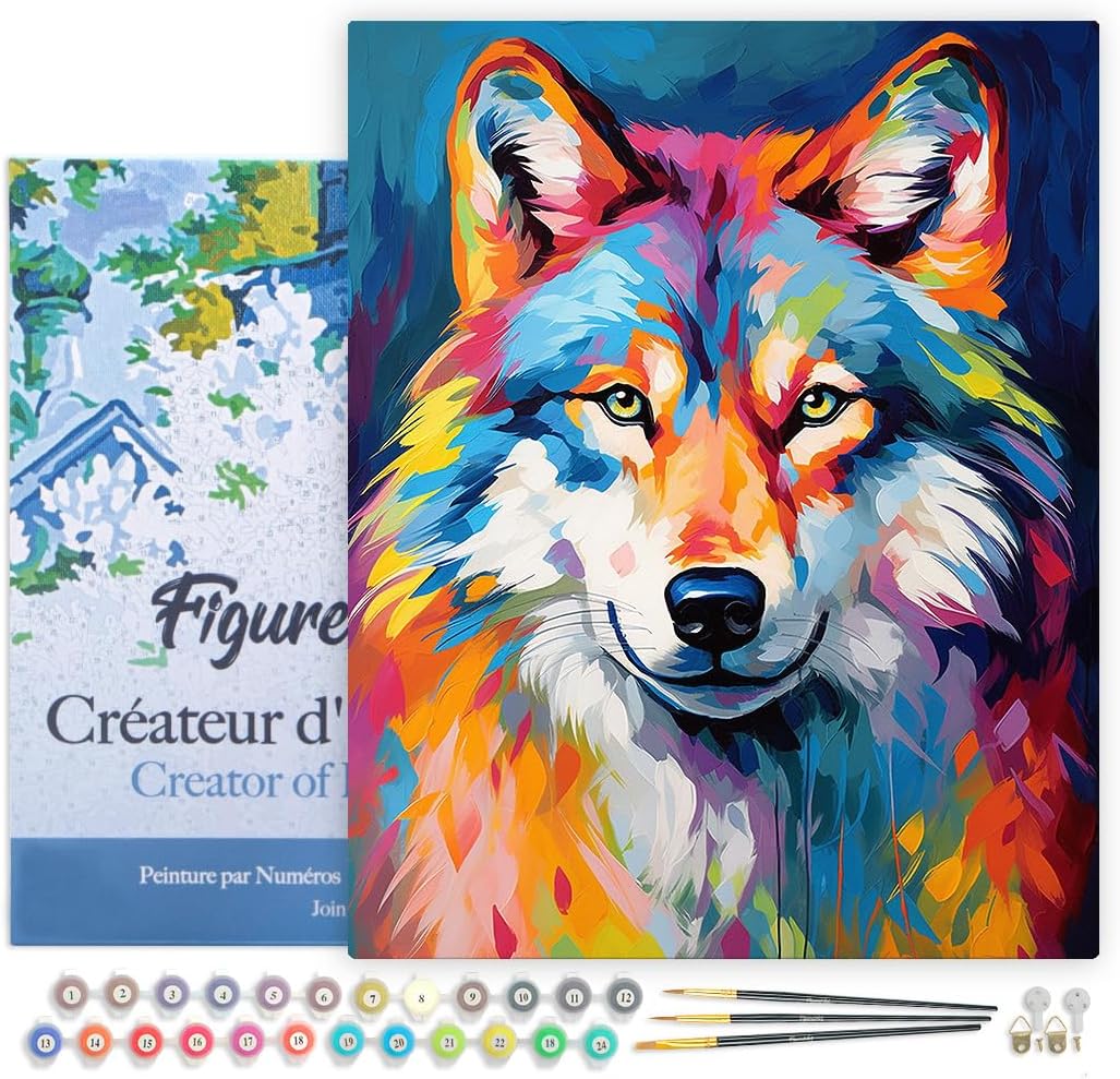Malen Nach Zahlen Set Wolf, Wolf Farbenfroh Abstrakt 40x50cm Mit Rahmen (bereits gespannt)